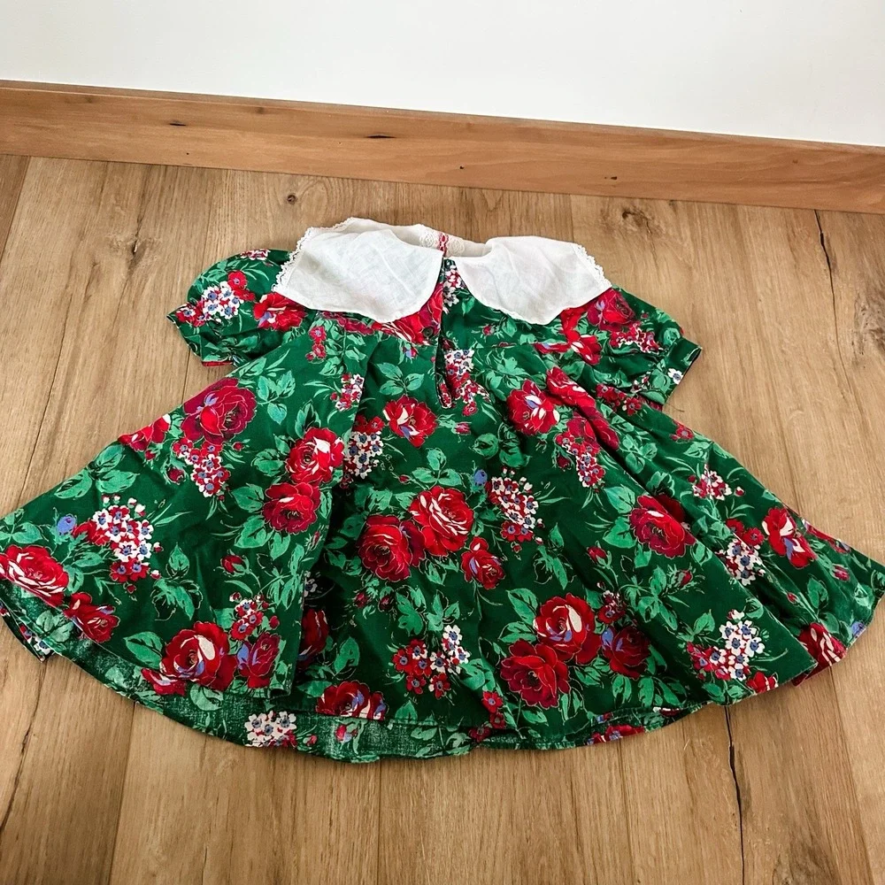 Vintage Girls 3T Kalula Kids Green & Red Rose Floral Dress‎ Lace Collar 90's